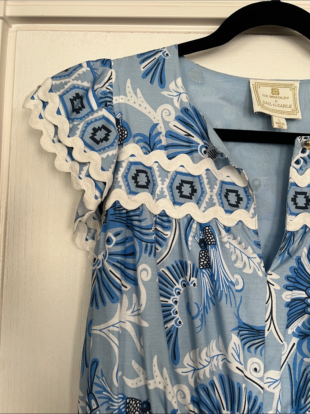 Sail to Sable Blue Floral Midi Dress with White Trim - Picture 4 of 4